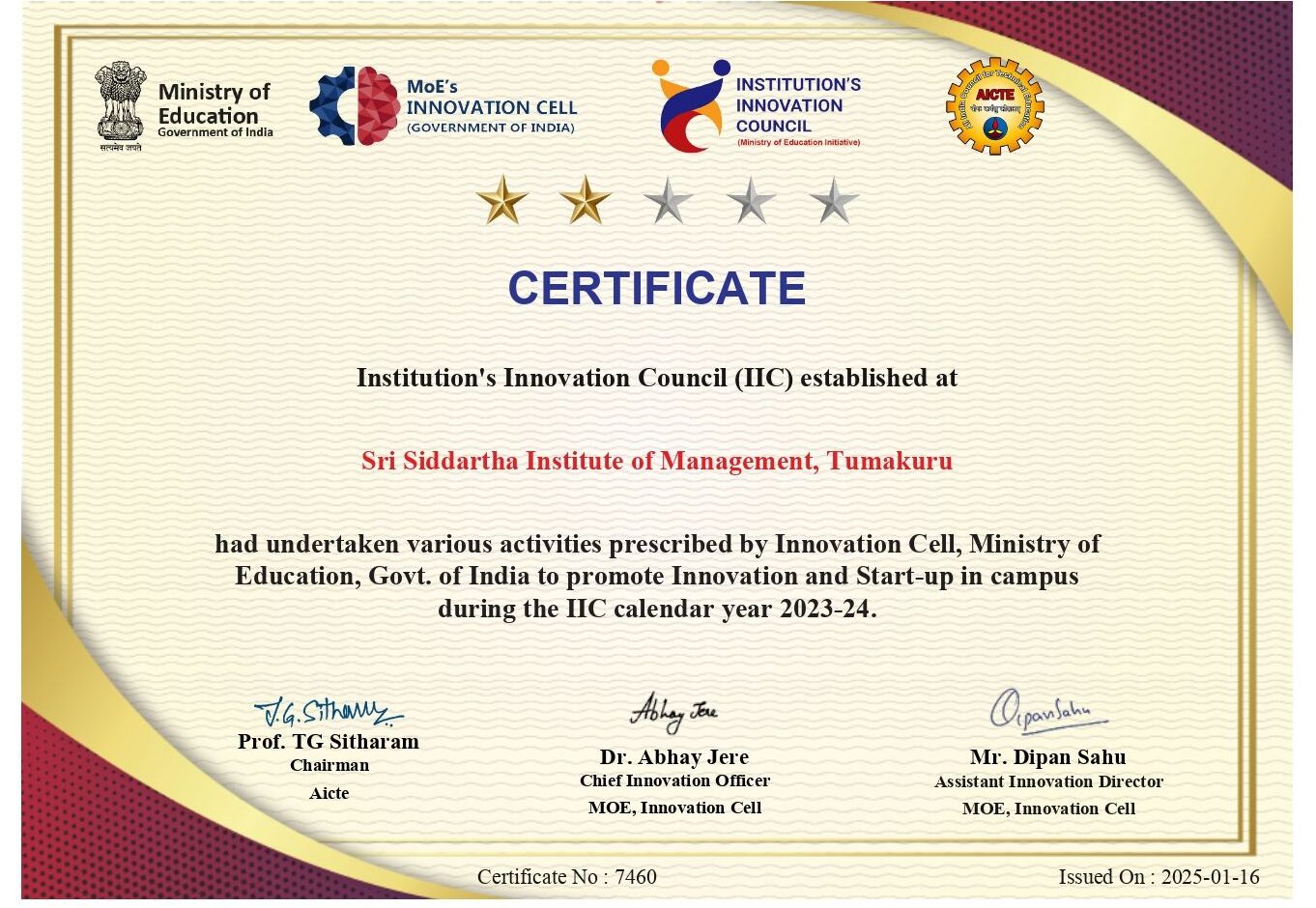 SSIMS -IIC’s Ministry of Education Awarded is in the  Area of Innovation, Sustainable Business Practices, Technology advancement in Business learning